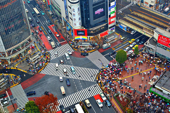 Busy street intersection in urban city