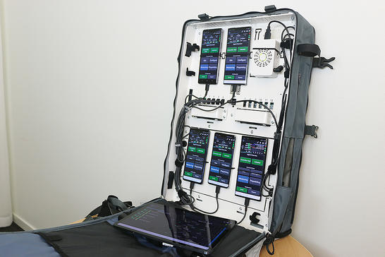Multiple device testing with TEMS Pocket backpack and controller agent, suitable for indoor mobile network benchmarking